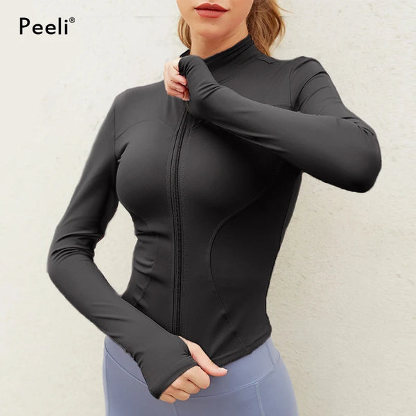 Peeli Long Sleeve Sports Jacket Women Zip Fitness Yoga Shirt Winter Warm Gym