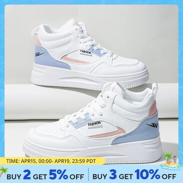 Women White Colorblock Lace-Up Front Skate Shoes High-top Sneakers
